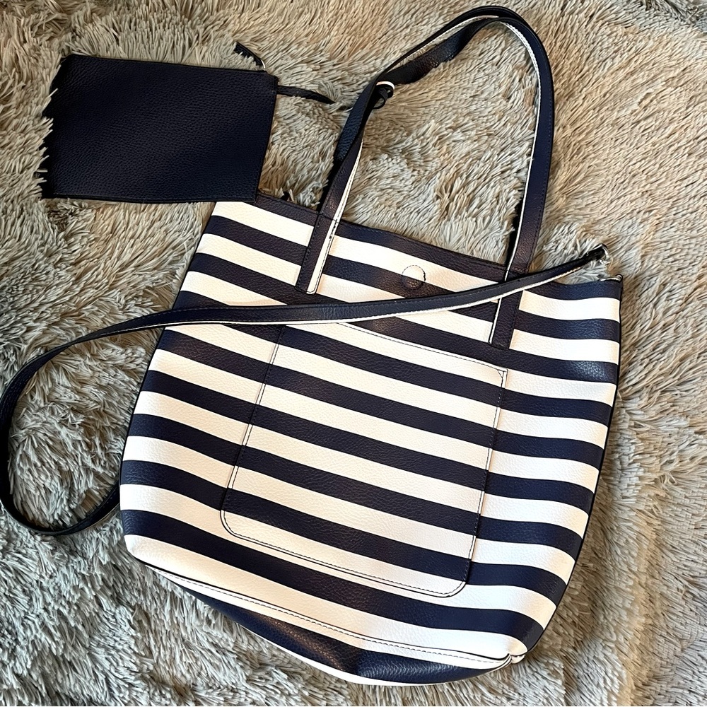 Blue and white striped cross body tote